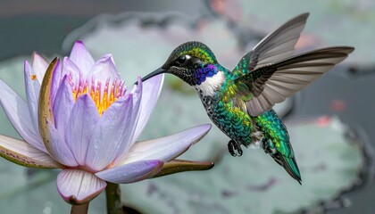 Fototapeta premium Hummingbird Feeding on a Water Lily Flower.