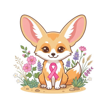 Cute Fennec Fox Wearing Pink Ribbon Isolated on Transparent Background