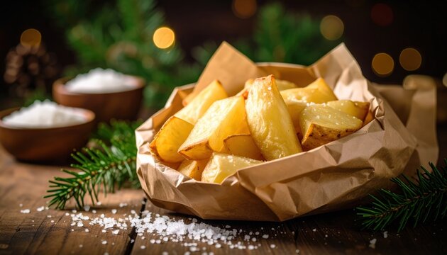Golden yuca fries in kraft paper with festive evergreen and warm bokeh