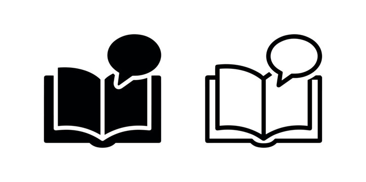 Open book and speech bubble icon set, knowledge sharing and storytelling concept