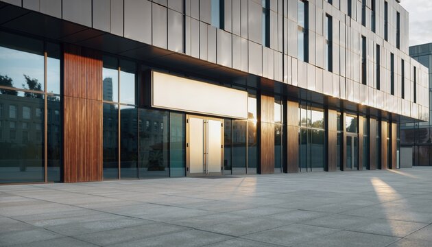 Modern Commercial Building Facade with Glass and Wood Elements.