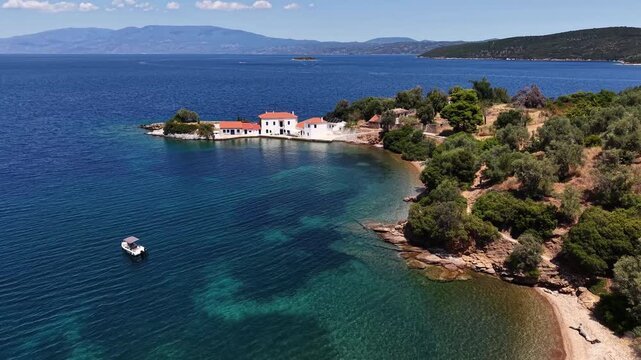 Aerial View of Tzasteni beach in Southern Pelion, in central Greece.