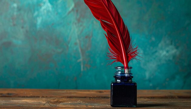 Red feather quill in dark blue ink bottle