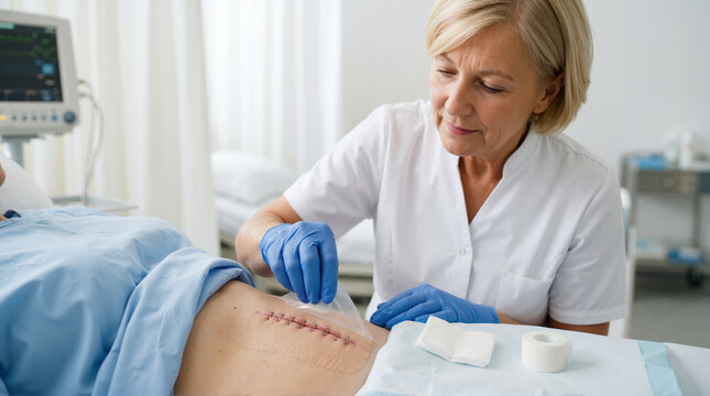 Healthcare professional removing dressing from surgical wound. Nurse inspecting abdominal incision closed with staples