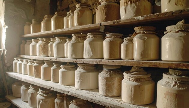 Rows of Vintage Jars on Shelves in a Storeroom.