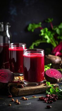 Fresh beet juice in glasses with beetroots and greens on a wooden board setting