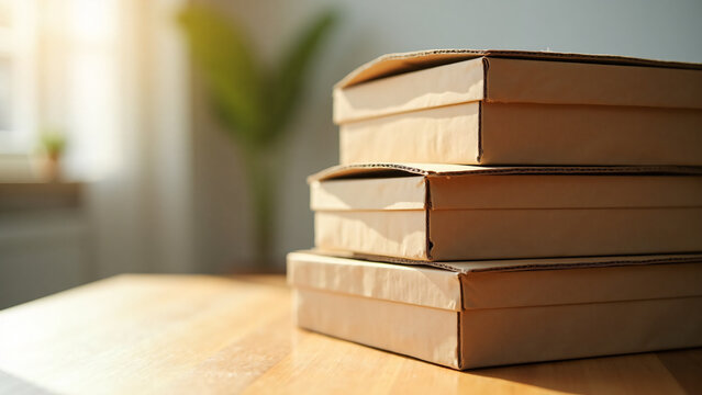 Cardboard Stack on Wooden Surface for Marketing Text
