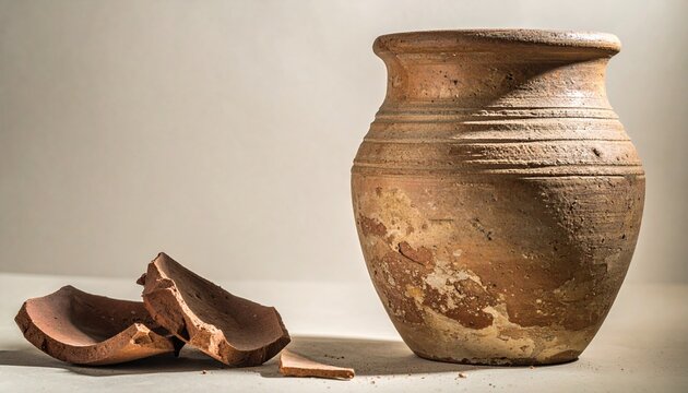 Clay pot with broken pottery fragments ancient craftsmanship
