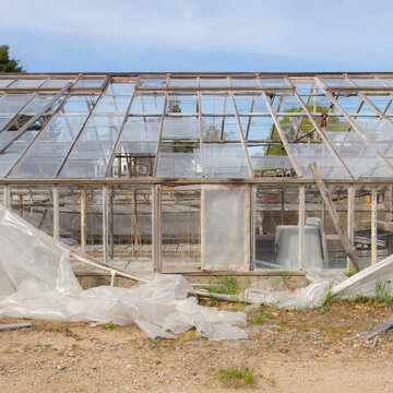 A derelict greenhouse with broken glass and plastic sheeting, the property demolished in 2015.