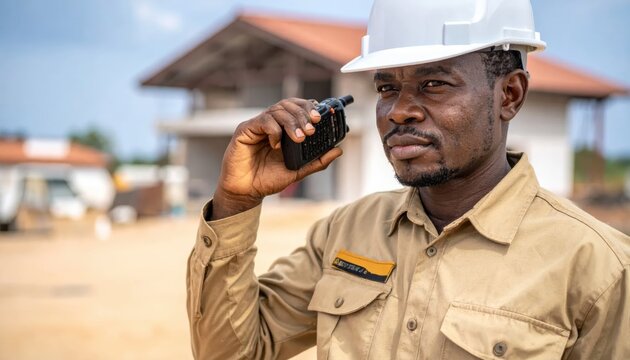 Construction worker in hard hat using a walkie-talkie at a building site.