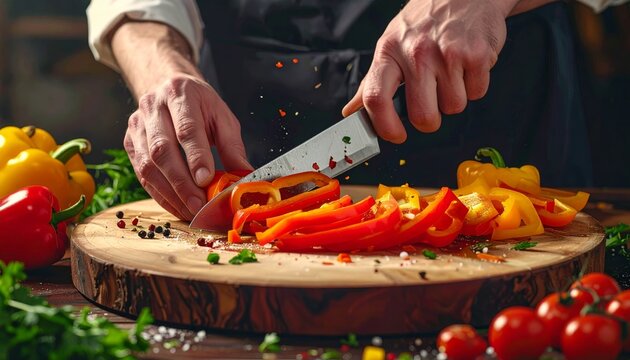 Chef preparing fresh vegetables on a wooden board.