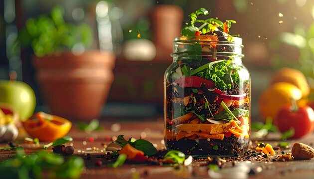 Colorful and Healthy Salad in a Jar on Wooden Table.