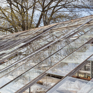 A derelict farmhouse and outbuildings, broken glass in a greenhouse, the property demolished in 2015.