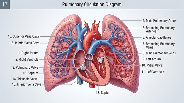 Detailed diagram of pulmonary circulation and heart anatomy