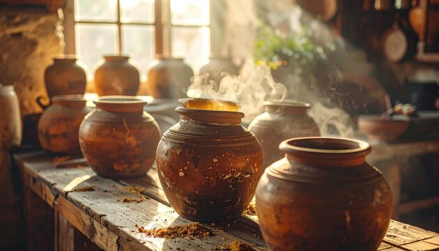 Rustic Pottery Vessels on Wooden Shelf with Sunlight.