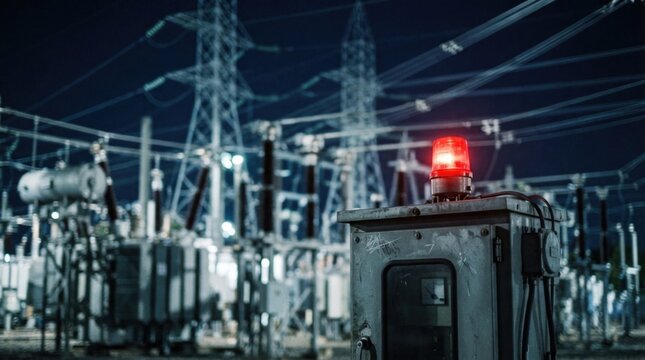 Electric grid stress with transformer yard, transmission towers, control cabinet, and red warning beacon as demand strains power infrastructure.