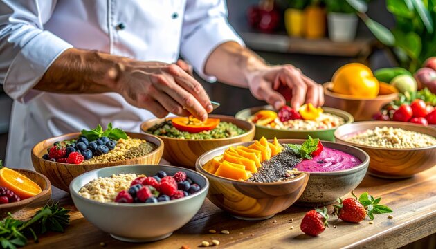 Chef preparing colorful and healthy breakfast bowls with fresh fruits.