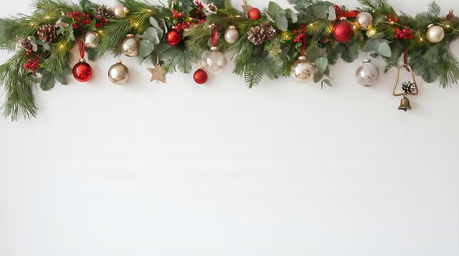 Festive Christmas garland with ornaments and pine branches.