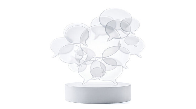 Multiple transparent glass speech bubbles clustered together atop white cylindrical podium displaying social media communication networking dialog messaging chat forum concept