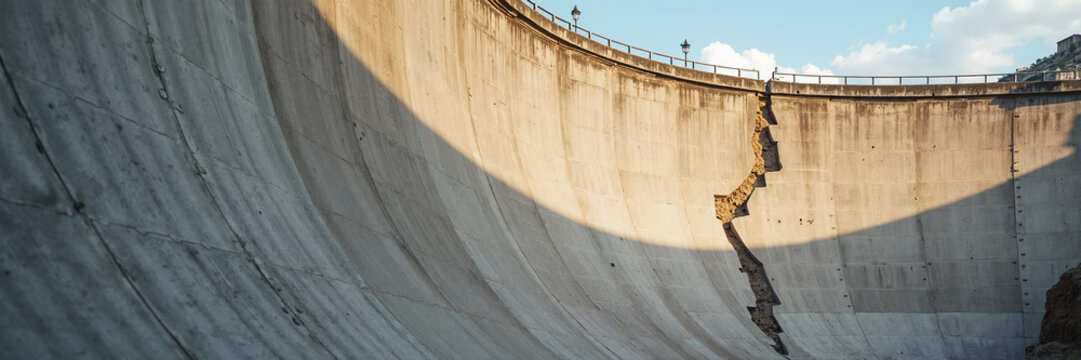 Massive concrete dam wall with a large jagged crack and structural damage. Panoramic banner of failing infrastructure and engineering disaster concept