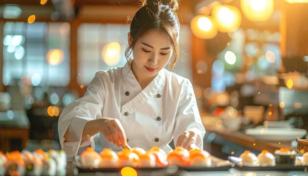 Young Asian Female Chef Meticulously Arranging Sushi Rolls in a Restaurant Kitchen.