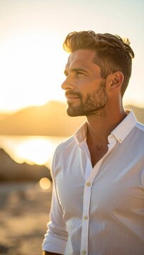 Handsome man bathed in golden sunlight gazes into the distance pensively