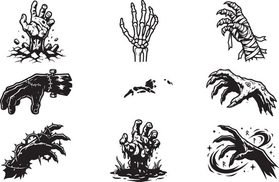Spooky Halloween monster and zombie hand vector icon set featuring skeleton bones, mummy wraps, and creepy claws