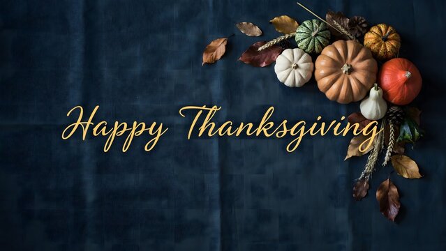 Happy thanksgiving greeting card with pumpkins, gourds, and autumn leaves on a dark blue textured background, top view with copy space