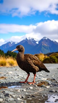 A stunning shot of a New Zealand bird in its natural habitat with majestic mountain backdrop