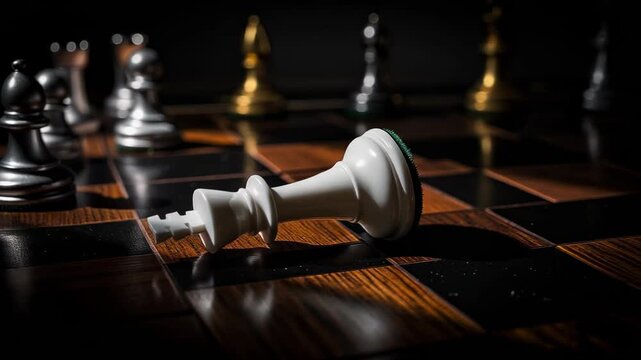 Dramatic Close Up of Toppled White King on Chessboard with Focused Lighting and Shadows