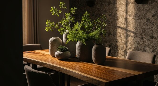 Elegant dining room interior with wooden table and floral arrangement still life