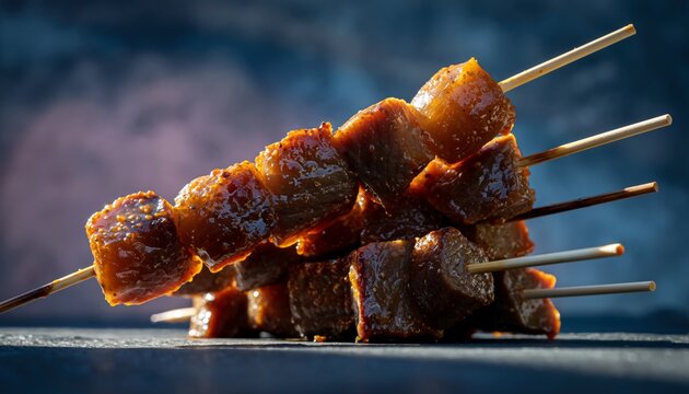 Delicious Chicken Skewers Stacked on a Slate Surface.