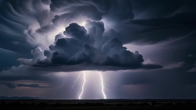 Dramatic lightning storm illuminates swirling thunderclouds over ocean, showcasing natures powerful