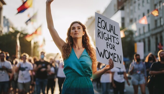Woman Protesting for Equal Rights in a Crowd of People.