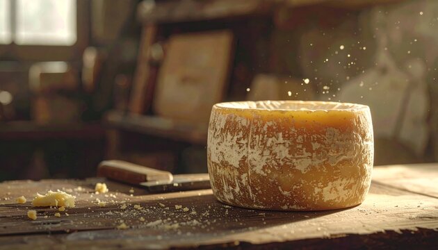 Artisanal Cheese Wheel on Rustic Wooden Table with Knife.