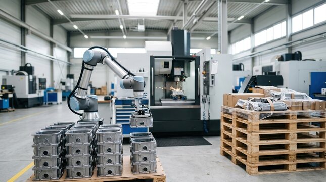 Reshoring manufacturing in a modern factory aisle with CNC machine, robotic arm, metal housings, and pallets of components.