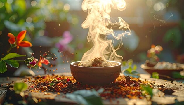 Aromatic Herbal Tea Steaming in a Serene Garden Setting.