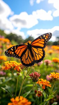 Monarch butterfly gracefully perches upon brilliant flowers in a vibrant meadow bathed in sunlight