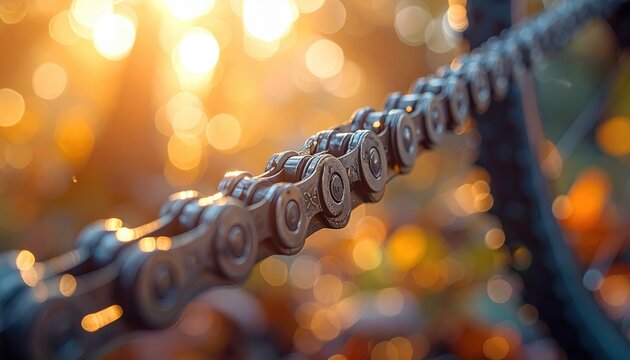 Close-up of a Bicycle Chain in Golden Hour Sunlight.