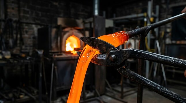 Glassblower shaping glowing molten glass with metal tools in workshop