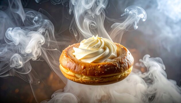 Delicious Cream-Filled Donut Surrounded by Ethereal Smoke.
