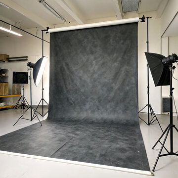 Empty photo studio interior photography background with black textured canvas backdrop