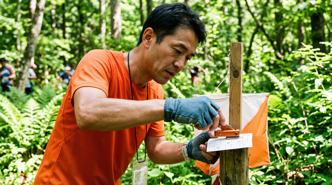 Asian man punching control card at orienteering station in forest. Outdoor navigation sport athlete marking checkpoint in woods