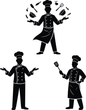 Professional chef silhouette collection, cooking master with kitchen utensils isolated on white background vector illustration
