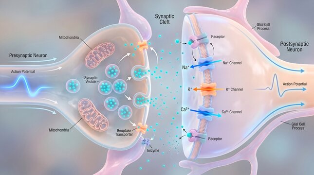 Detailed diagram of a neural synapse and neurotransmission process