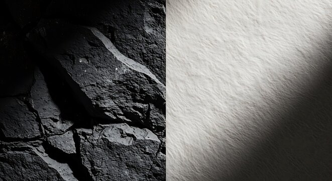 Minimalist split screen background with dark cracked stone and light textured paper, abstract contrast of rough rock and smooth parchment surfaces