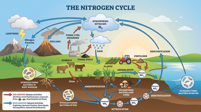 Educational infographic illustrating the nitrogen cycle in nature