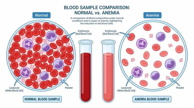 Medical infographic comparing normal blood composition and anemia