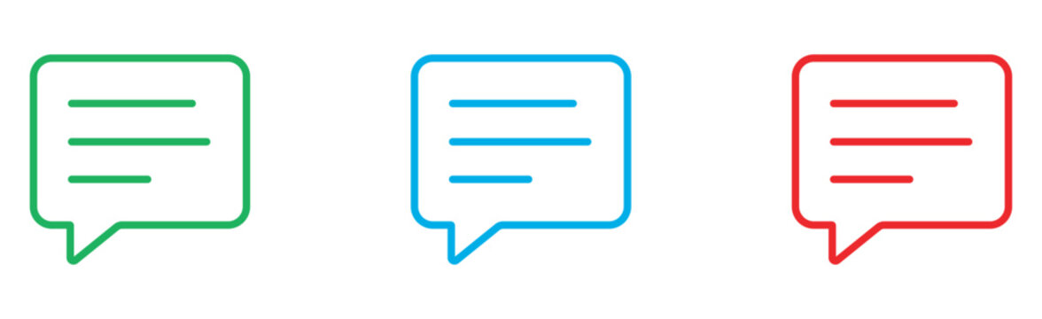 Minimalist speech bubble icon set, colorful chat message line art vectors, green blue and red communication symbols for web and mobile UI design