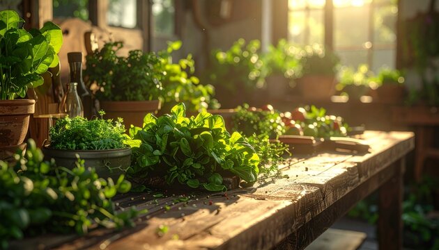 Abundant Fresh Herbs on Rustic Wooden Table in Sunlight.